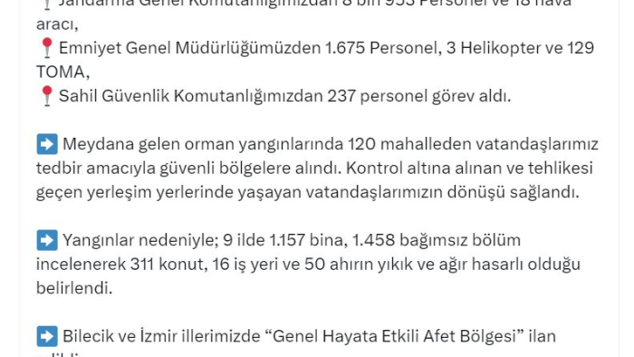 Bakan Yerlikaya: Bilecik ve İzmir, 'afet bölgesi' ilan edildi